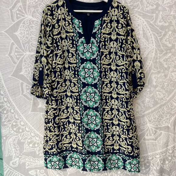 LUXOLOGY DRESS BEAUTIFUL PRINT ROLL TAB SLEEVE POCKETS 10 GREAT FIT BLUE GREEN - Picture 5 of 11